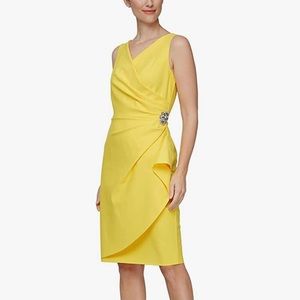 NWOT  Alex Evenings Canary Short Cocktail Beaded Side Ruched Dress Size 2